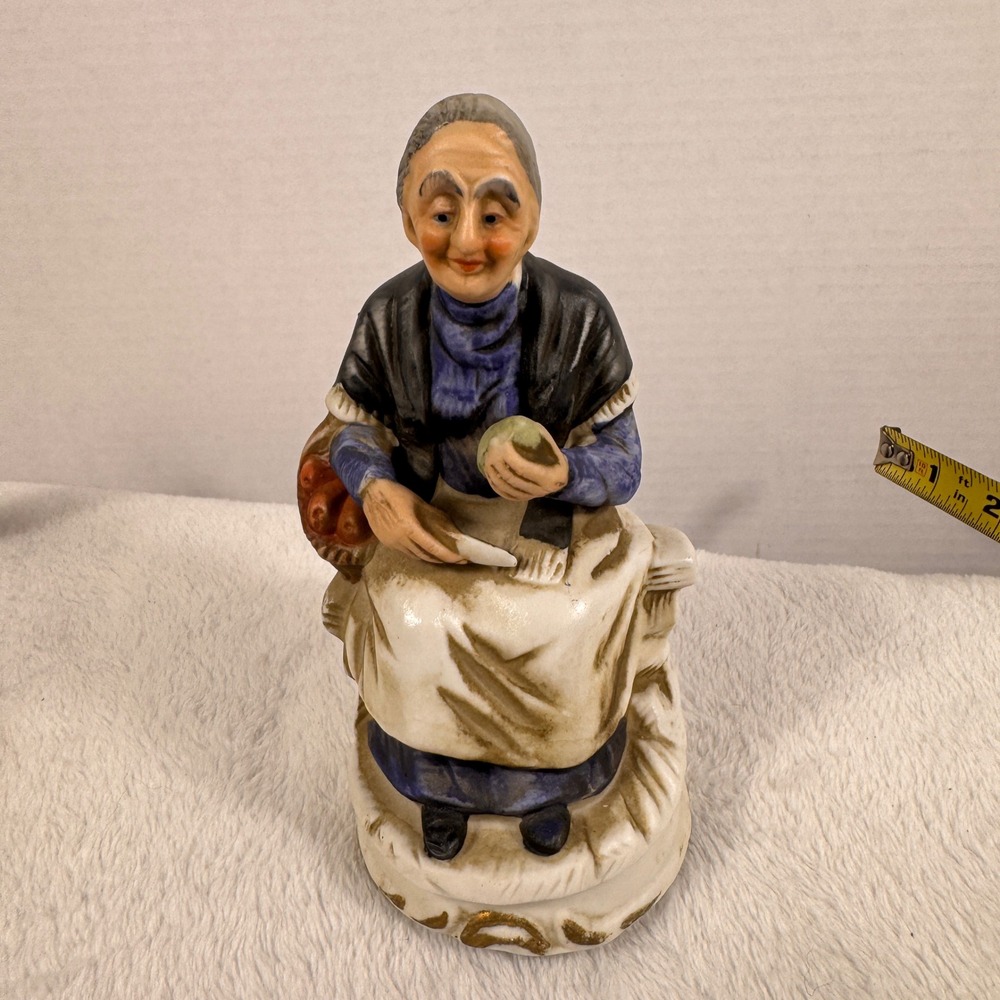 Vintage Porcelain Grandma Peeling Potatoes Figurine 6" Elderly Woman Unmarked